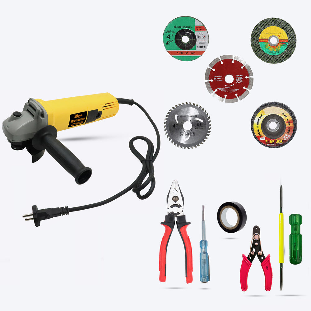 Hillgrove HGCM288M1 Professional High Quality Angle Grinder Machine with 5 Wheels for Grinding/Polishing/Cutting and 5 Pcs Hand Tool Kit for Home Use