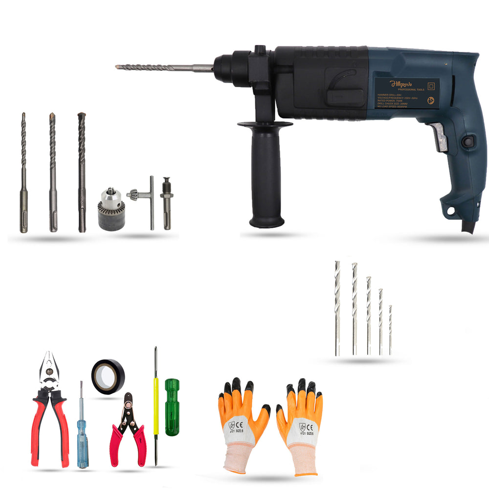 Hillgrove HGCM489M1 20mm Hammer Impact Drill Machine Forward/Reverse Rotation with 5Pcs Hand Tool Kit,Drill Chunk(13mm),SDS Adapter,Gloves,5Pcs Masonry Drill Bit Set For Making Holes in Metal/Wood/Concrete Hammer Drill (20 mm Chuck Size, 750 W)