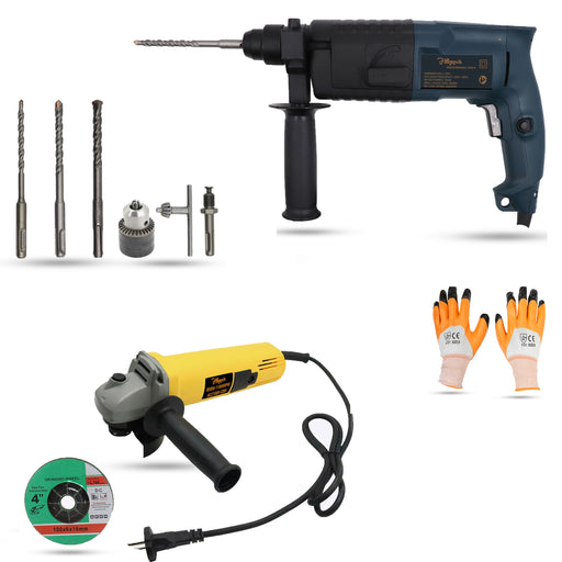 Hillgrove HGCM490M1 20mm Hammer Impact Drill Machine Forward/Reverse Rotation with Angle Grinder,Drill Chunk(13mm),SDS Adapter,Gloves, 3Pcs SDS Plus Bits for Making Holes in Metal/Wood/Concrete Hammer Drill (20 mm Chuck Size, 750 W)