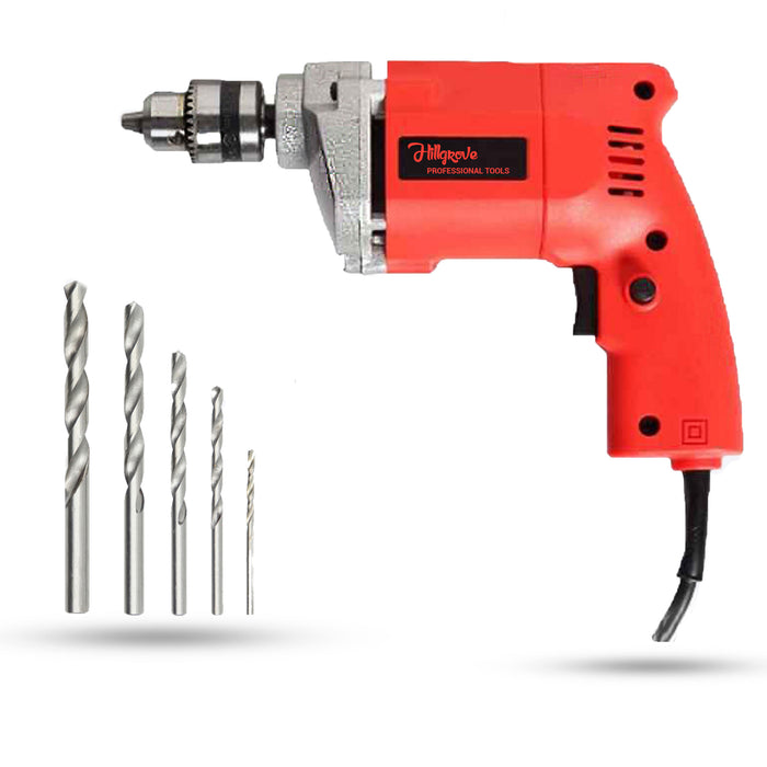 Hillgrove HGCM524M1 With All Purpose 10mm Drill Machine with 5Pcs HSS Drill Bits for Making Holes in Metal/Wood/Concrete Pistol Grip Drill