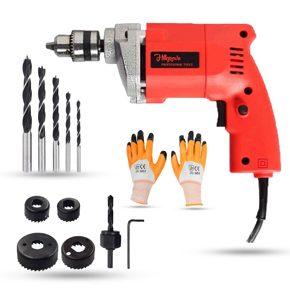 Hillgrove HGCM529M1 With All Purpose 10mm Drill Machine with 5Pcs Wood Drill Bits and 6Pcs Hole Saw Drill Bits for Making Holes in Metal/Wood/Concrete Pistol Grip Drill
