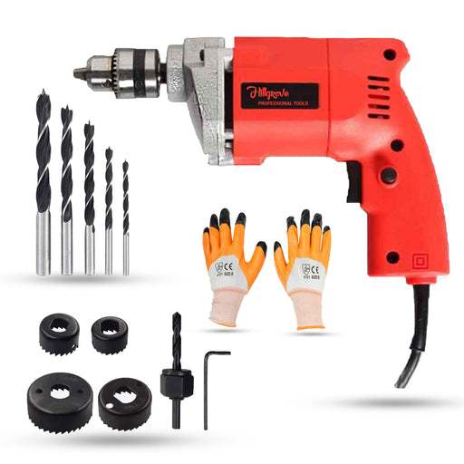 Hillgrove HGCM529M1 With All Purpose 10mm Drill Machine with 5Pcs Wood Drill Bits and 6Pcs Hole Saw Drill Bits for Making Holes in Metal/Wood/Concrete Pistol Grip Drill