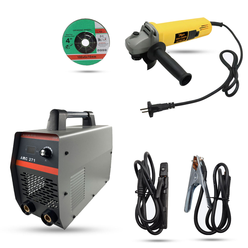 Hillgrove HGCM542M1 271Amp Arc Force Control, AC, Anti Stick, Hot Start Function With 100MM Wheel Diameter Angle Grinder Digital Display IGBT Based VRD Technology MMA Inverter Welding Kit Machine