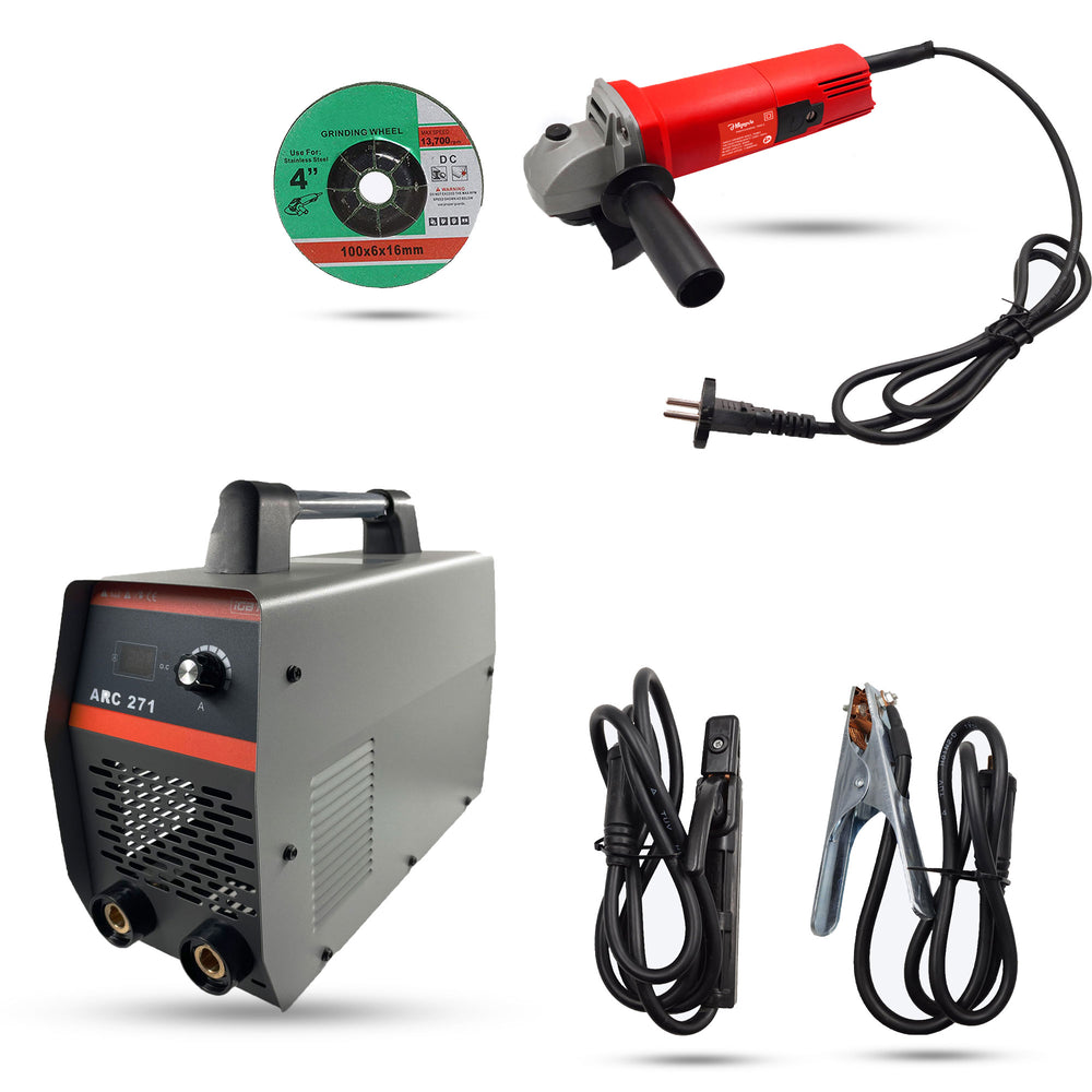 Hillgrove HGCM543M1 252A Portable Hot Start, Anti Stick, AC, VRD Technology With 100MM Wheel Diameter Angle Grinder and Digital Display MMA Inverter Arc Welding Machine