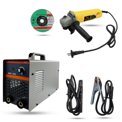 Hillgrove HGCM549M1 302Amp Arc Force Control, AC, Anti Stick, Hot Start Function With 100MM Wheel Diameter Angle Grinder Digital Display IGBT Based VRD Technology MMA Inverter Welding Kit Machine
