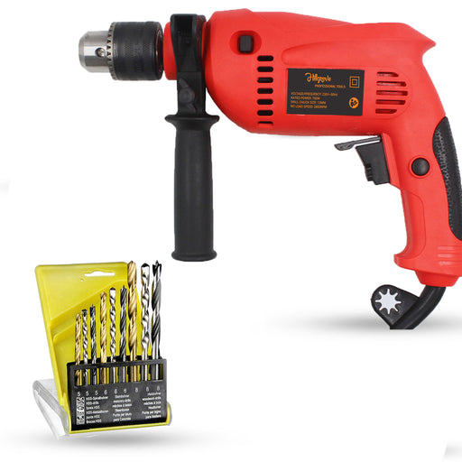 Hillgrove HGCM717M2 700W Power Drill Machine with 9Pcs All Type Drill Bits for Making Holes in Metal/Wood/Concrete with Reverse Rotation and Variable Speed Pistol Grip Drill (13 mm Chuck Size)