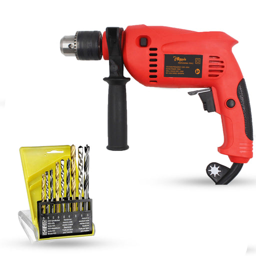 Hillgrove HGCM717M1 700W Power Drill Machine with 9Pcs All Type Drill Bits for Making Holes in Metal/Wood/Concrete with Reverse Rotation and Variable Speed Pistol Grip Drill (13 mm Chuck Size)