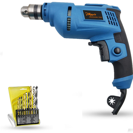 Hillgrove HGCM722M2 500W Power Drill Machine with 9Pcs All Type Drill Bits for Making Holes in Metal/Wood/Concrete with Reverse Rotation and Variable Speed Pistol Grip Drill (10 mm Chuck Size)