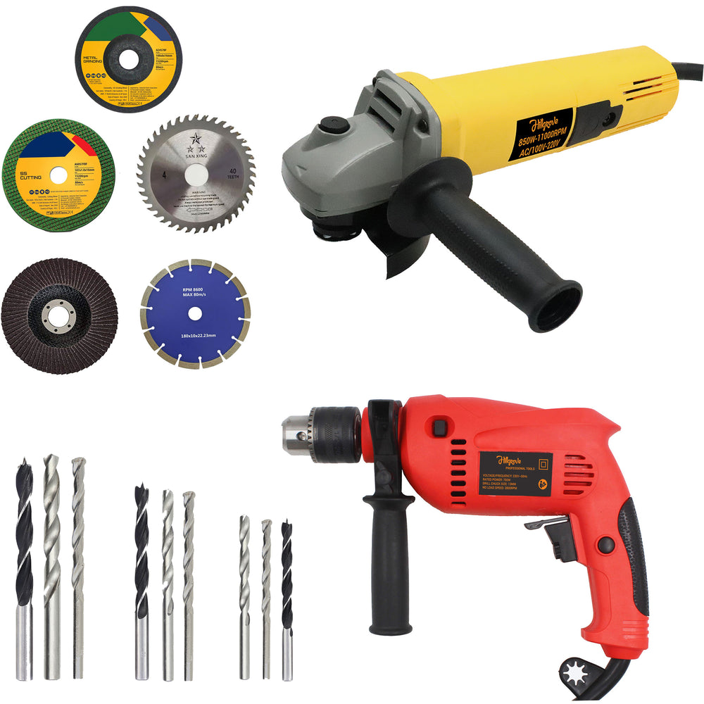 Hillgrove HGCM898M2 4inch Professional Heavy Duty Angle Grinder with 13mm Power Drill Machine and 5Pcs Cutting , Polishing and Grinding Wheels
