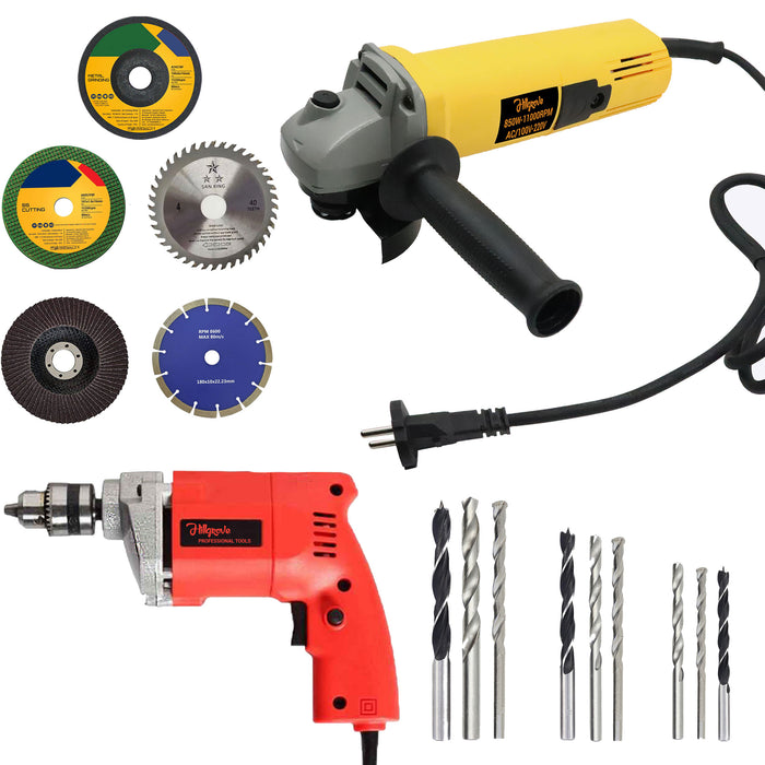 Hillgrove HGCM902M1 4inch Professional Heavy Duty Angle Grinder with 10mm Power Drill Machine and 5Pcs Cutting , Polishing and Grinding Wheels