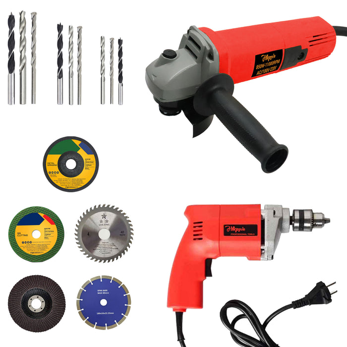 Hillgrove HGCM924M3 4inch Professional Heavy Duty Angle Grinder with 10mm Power Drill Machine and 5Pcs Cutting , Polishing and Grinding Wheels