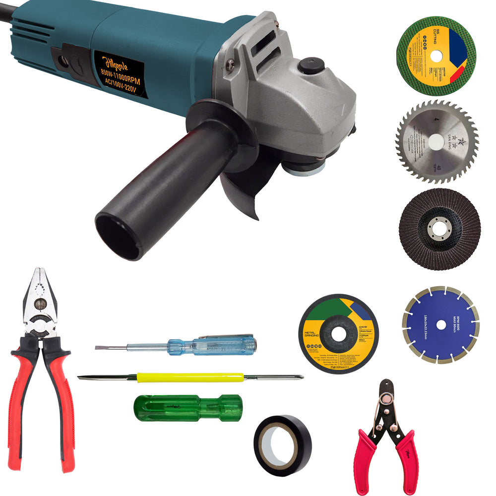 Hillgrove HGCM936M3 4inch Professional Heavy Duty Angle Grinder Machine with 5Pcs Hand Tool Kit and 5Pcs Cutting , Polishing and Grinding Wheels
