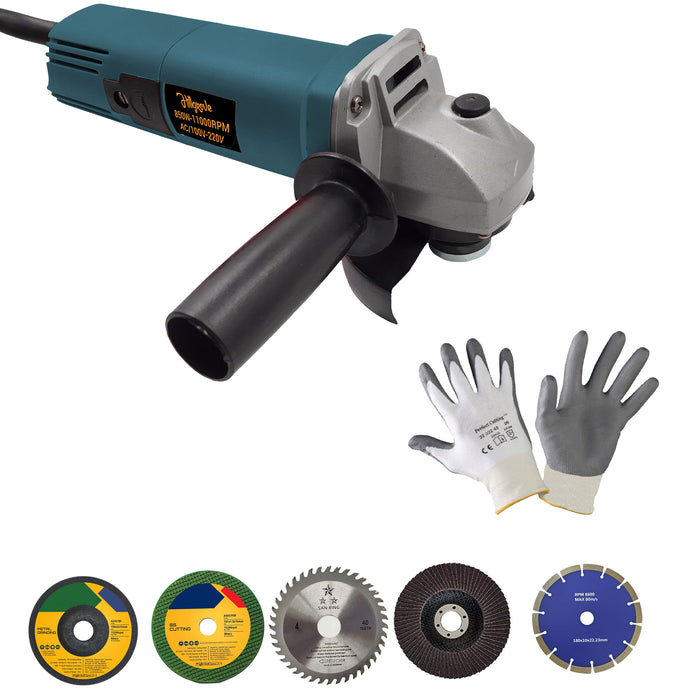 Hillgrove HGCM938M3 4inch Professional Heavy Duty Angle Grinder Machine with 5Pcs Cutting , Polishing and Grinding Wheels