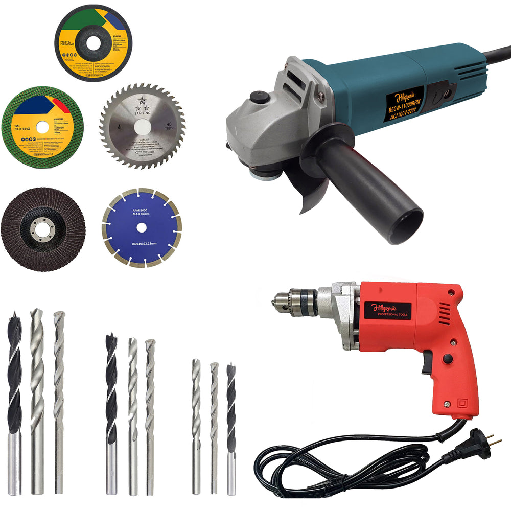 Hillgrove HGCM946M1 4inch Professional Heavy Duty Angle Grinder with 10mm Power Drill Machine and 5Pcs Cutting , Polishing and Grinding Wheels