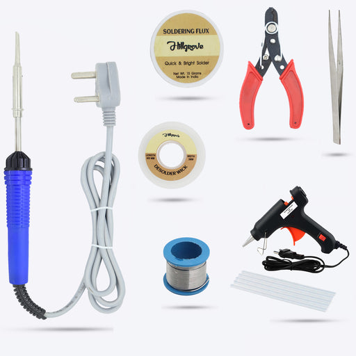Hillgrove Basic Bundle Electric 25W Soldering Iron Machine Tool Kit - Set of 8 with Flux Paste and Wire 25 W Simple (Flat Tip)