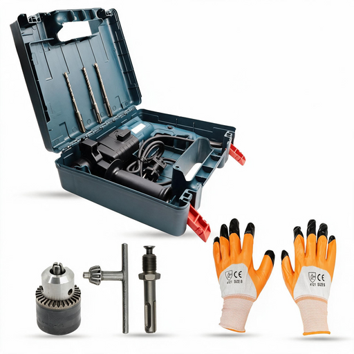 Hillgrove HGCM492M1 20mm Hammer Impact Drill Machine Forward/Reverse Rotation with Drill Chunk(13mm),SDS Adapter,Gloves,3Pcs SDS Plus Bits for Making Holes in Metal/Wood/Concrete Hammer Drill (20 mm Chuck Size, 750 W)