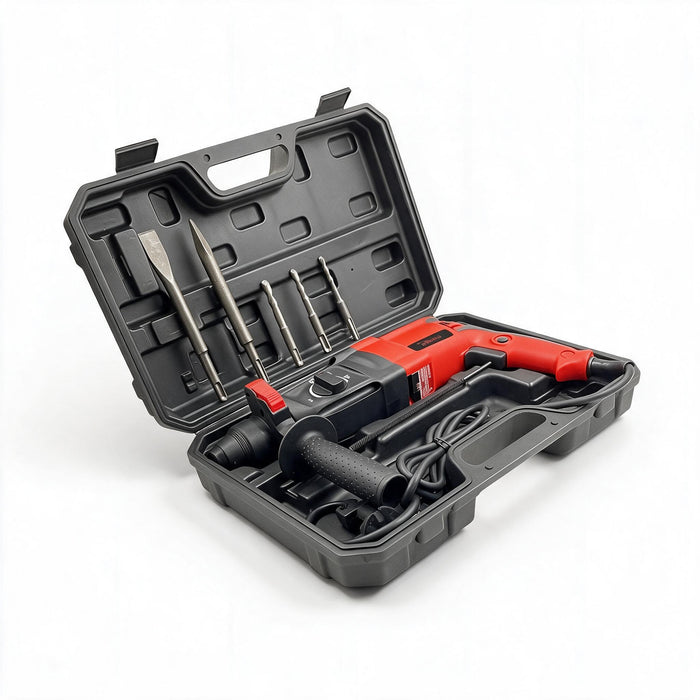 Hillgrove H26H9 1200W Rotary Hammer Drill** with 3 modes, 26mm chuck, forward/reverse rotation & 5 drill bits. Industrial-grade power for drilling concrete, wood & metal. Durable, high-performance drill for home & professional use.