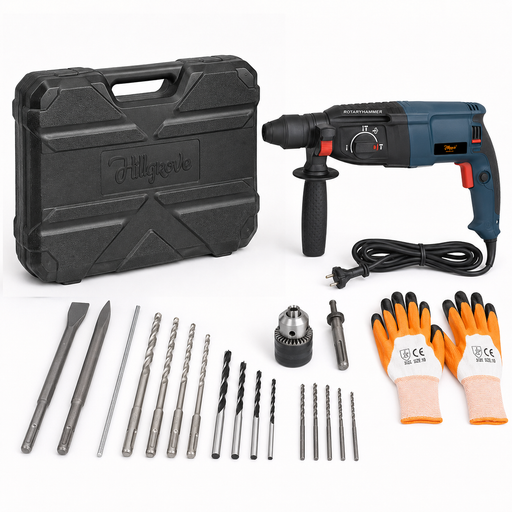 **Hillgrove HGCM479M2 1200W Rotary Hammer Drill** with multi-mode operation, 13mm SDS chuck, forward/reverse rotation & 5 drill bits. Industrial-grade power for drilling concrete, wood & metal. Durable, high-performance tool for home and professional use.