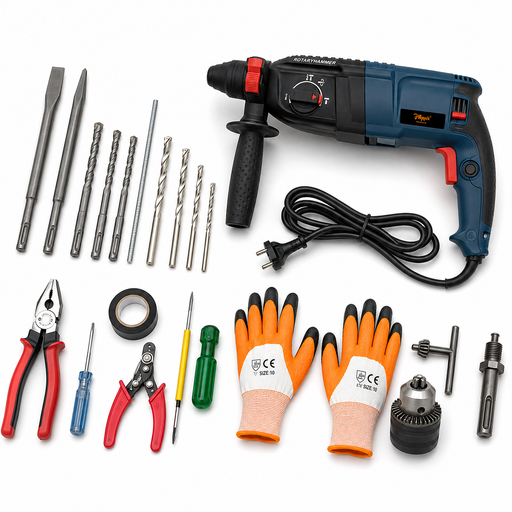 **Hillgrove HGCM28M1 1200W Rotary Hammer Drill** with 26mm chuck, forward/reverse rotation, SDS adapter, gloves, tool kit, SDS Plus & masonry bits. Powerful drill for concrete, wood and metal drilling. Durable and ideal for home & professional use.