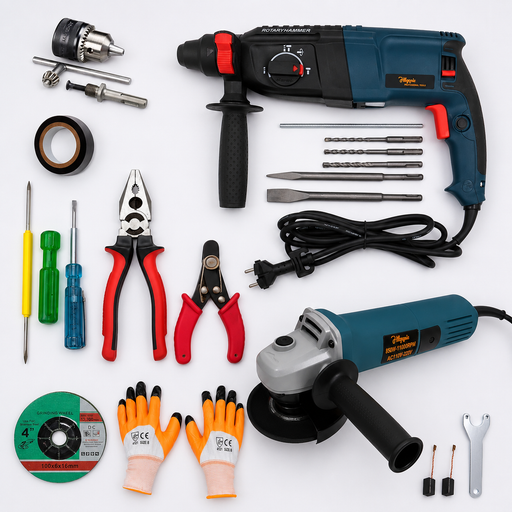 Hillgrove HGCM1396M1 1200W 100% Copper Winding 26mm Rotary Hammer Impact Gun Chipping Hammering Drilling Breaker Drill Machine Kit Set with Angle Grinder