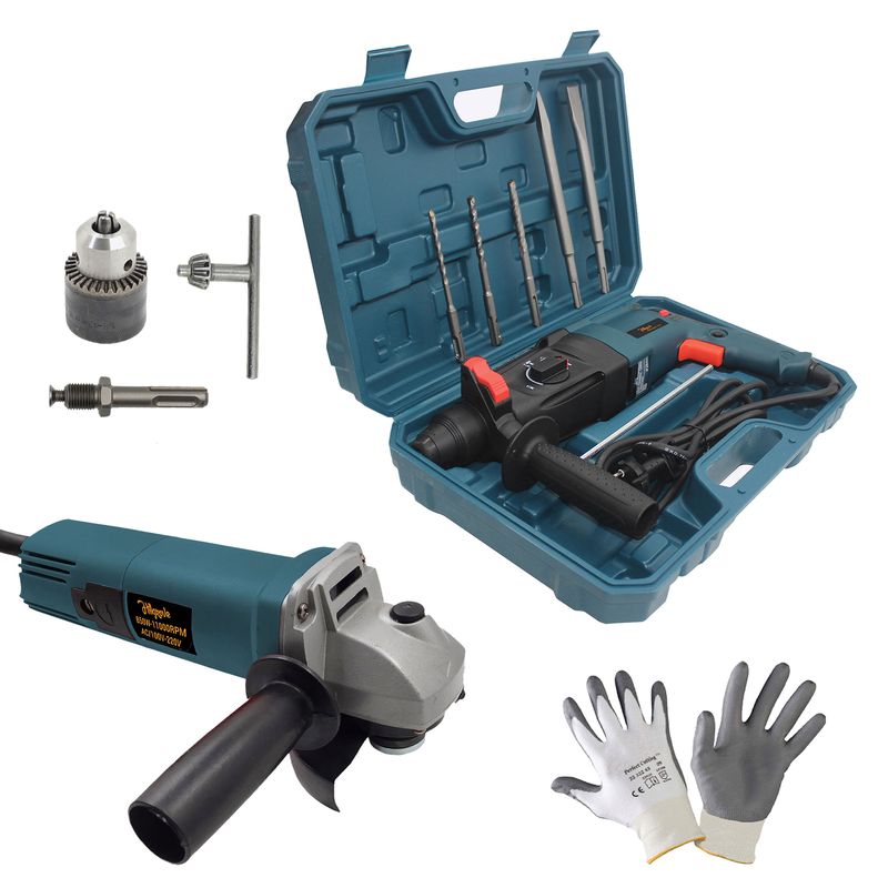 Hillgrove HGCM1040M3 26mm Hammer Impact Drill Machine Forward/Reverse Rotation with 100MM Angle Grinder,Drill Chunk(13mm) for Making Holes in Metal/Wood/Concrete HMC36 Rotary Hammer Drill (26 mm Chuck Size, 1200 W)