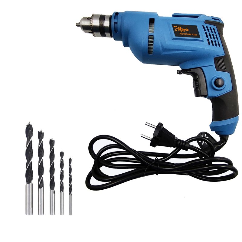 Hillgrove 100% Copper Metal HGCM1090M2 500W Drill Machine with 5Pcs Drill Bits for Making Holes in Metal/Wood/Concrete with Reverse Rotation and Variable Speed HF0162 Pistol Grip Drill (10 mm Chuck Size)
