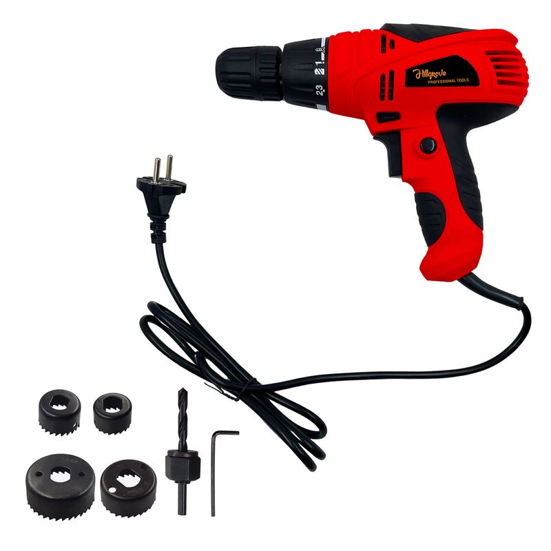 Hillgrove HGCM1186M3 400W Power Drill Machine with 6Pcs Wood Working Hole Saw Drill Bits for Making Holes in Metal/Wood/Concrete with Reverse Rotation TMHS915 Pistol Grip Drill (10 mm Chuck Size)