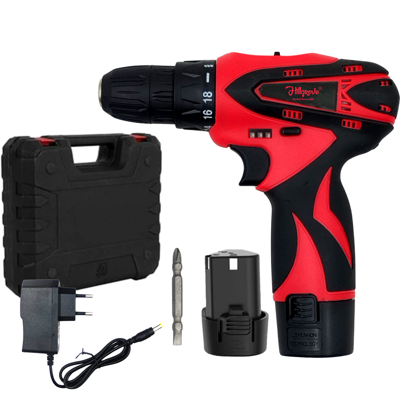 Hillgrove HGCM1379M1 12V 10mm Electric Wireless Mini Cordless Charging Screw Drilling HGCM1379M1 Wall Hole Battery & Charger Power Drill Machine Kit Set for Home Use Cordless Drill (10 mm Chuck Size)