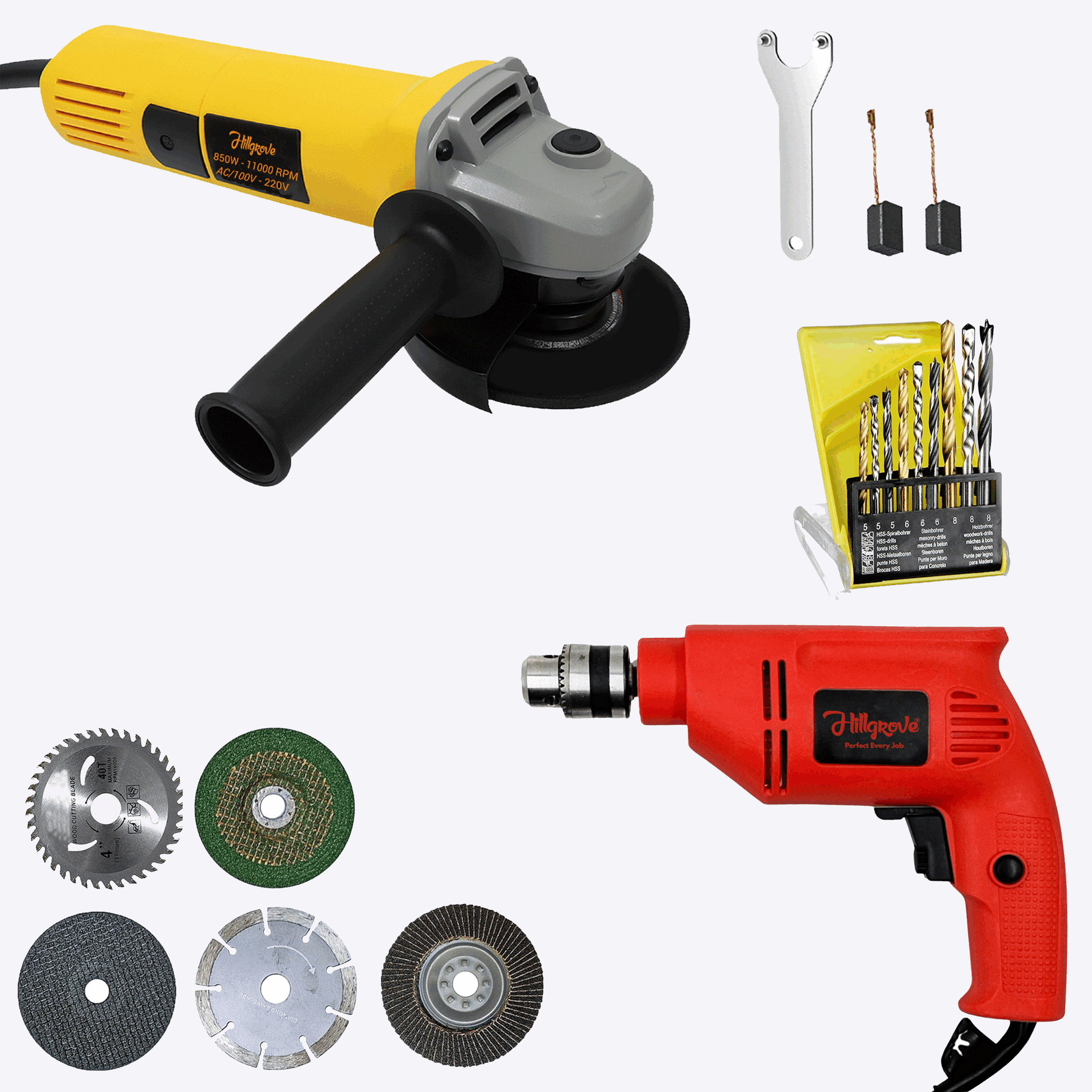 Hillgrove HGCM1384M2 100% Copper Winding 10mm Drill Gun Drilling Machine Kit Set with HGCM1384M2 4inch Hand Angle Grinder Wall Cutter Grinding Glender Cutting Machine Hammer Drill (10 mm Chuck Size, 600 W)