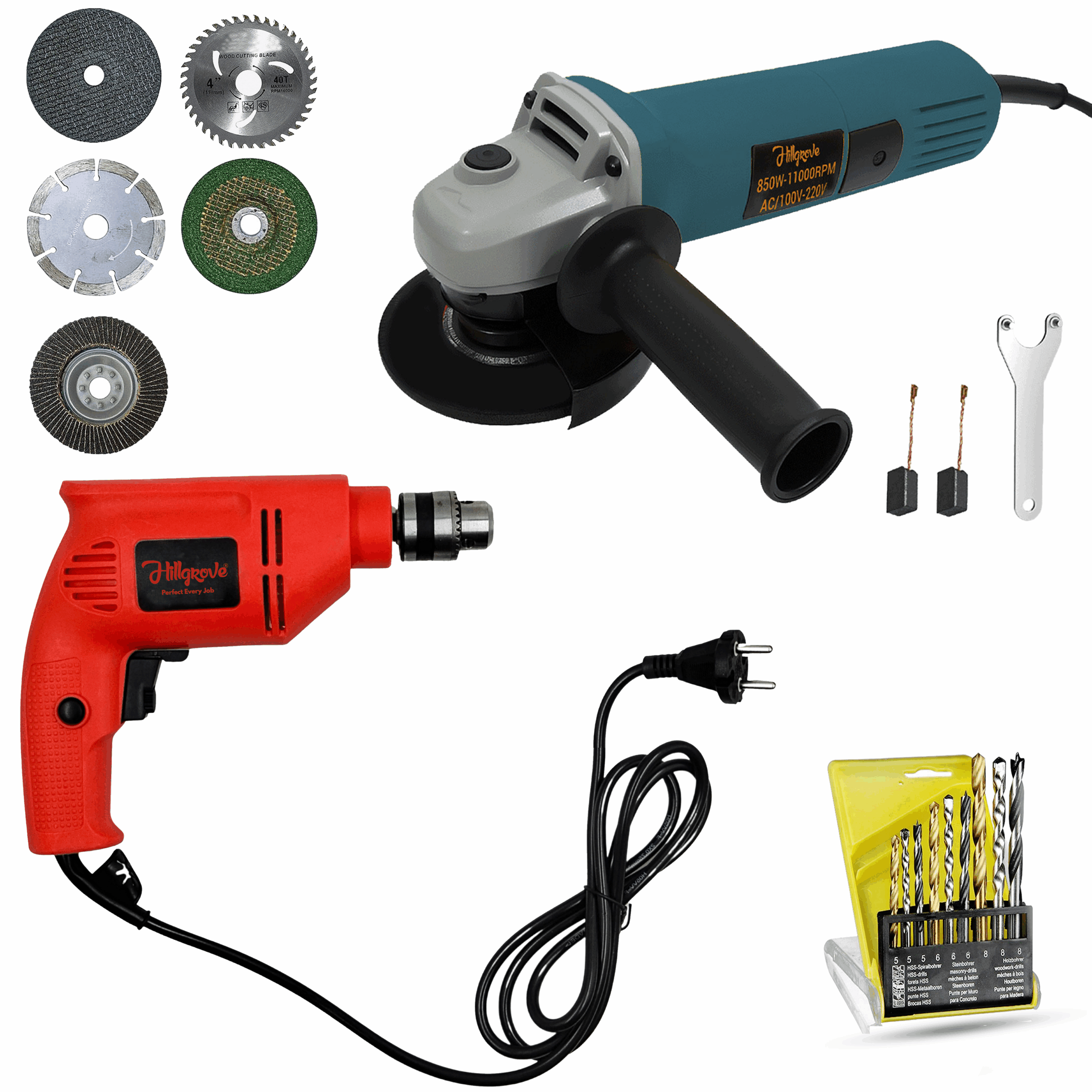 Hillgrove HGCM1386M2 100% Copper Winding 10mm Drill Gun Drilling Machine Kit Set with HGCM1386M2 4inch Hand Angle Grinder Wall Cutter Grinding Glender Cutting Machine Hammer Drill (10 mm Chuck Size, 600 W)