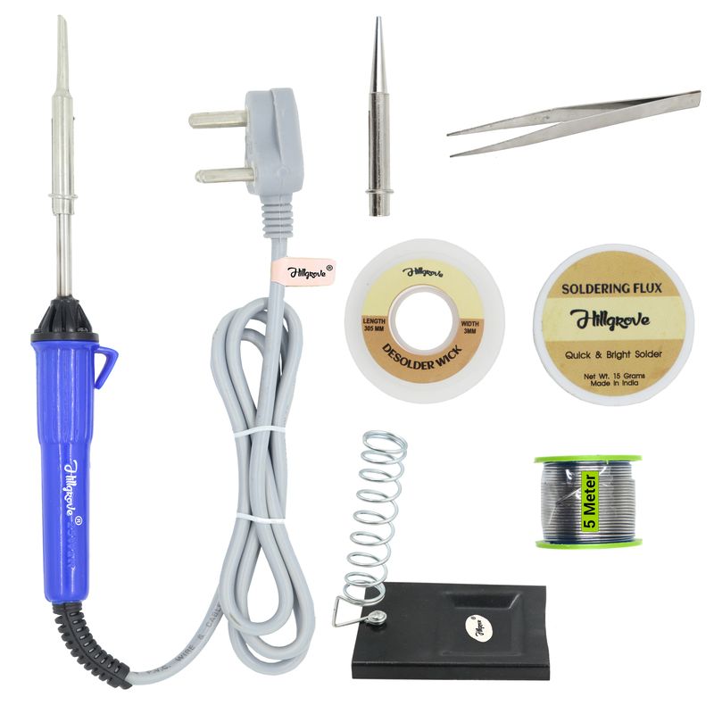 Hillgrove 7in1 25W Soldering Iron Kit | 5 Meter Soldering Wire | Pointed Bit | Soldering Flux | Stand | Wick | Tweezer 25 W Simple (Flat, Pointed Tip)